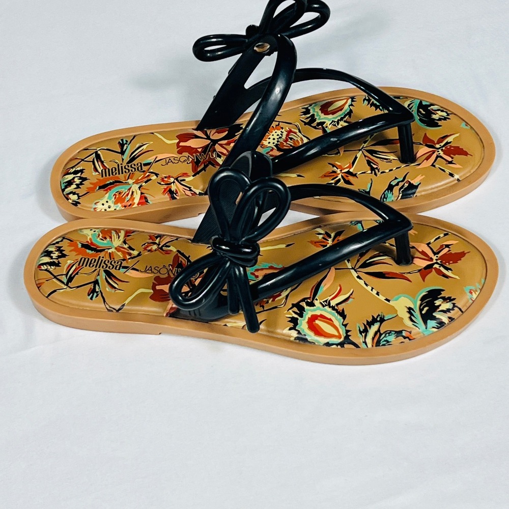 Melissa x Jason Wu Floral Bow Jelly Sandals Black Tan Womens Size 8 Flip Flops